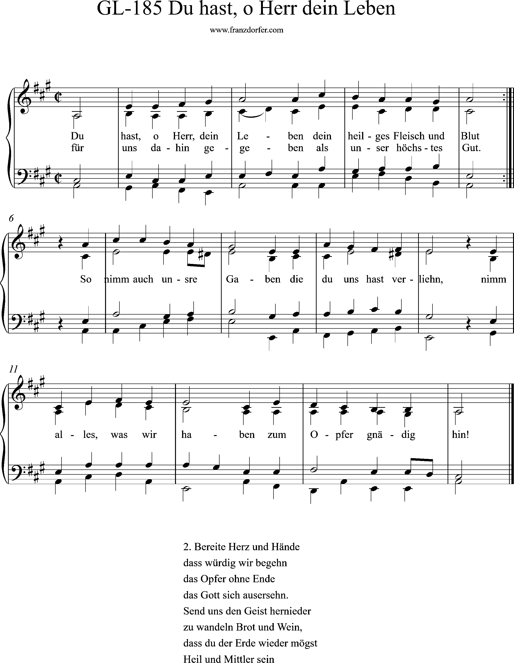 Orgelnoten, A-Dur, Du hast o Herr dein Leben